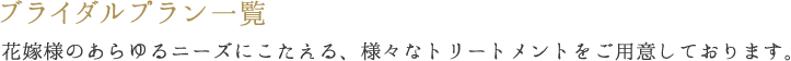 ブライダルプラン一覧　花嫁様のあらゆるニーズにこたえる、様々なトリートメントをご用意しております。