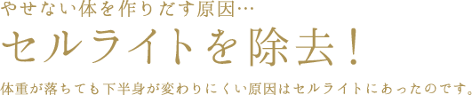 やせない体を作りだす原因…セルライトを除去！体重が落ちても下半身が変わりにくい原因はセルライトにあったのです。