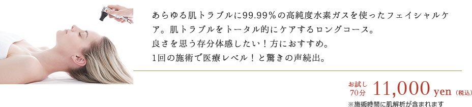 あらゆる肌トラブルに99.99％の高純度水素ガスを使ったフェイシャルケア。肌トラブルをトータル的にケアするロングコース。
			良さを思う存分体感したい！方におすすめ。
			1回の施術で医療レベル！と驚きの声続出。　お試し70分 20,000円（税込）