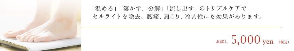 「温める」「溶かす、分解」「流し出す」のトリプルケアでセルライトを除去。腰痛、肩こり、冷え性にも効果があります。　お試し5,000円（税込）